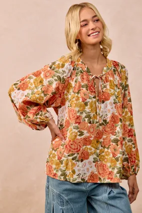 Tagless Neckline Design IT4362G-09 | FLORAL PRINT BALLOON SLEEVES TOP WITH FRONT TIE