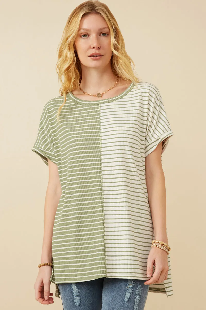 Short Sleeve Textured Knit Contrast Stripe Tee RelaxedNeckline