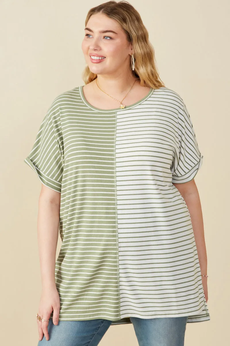 Short Sleeve Textured Knit Contrast Stripe Tee NaturalFiberBlend