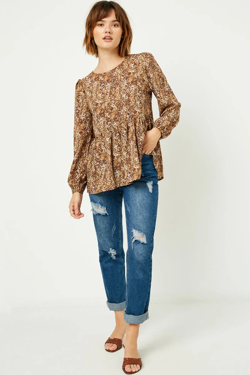 Ditsy Print Long Sleeve Babydoll Top DoubleLayered Neckline