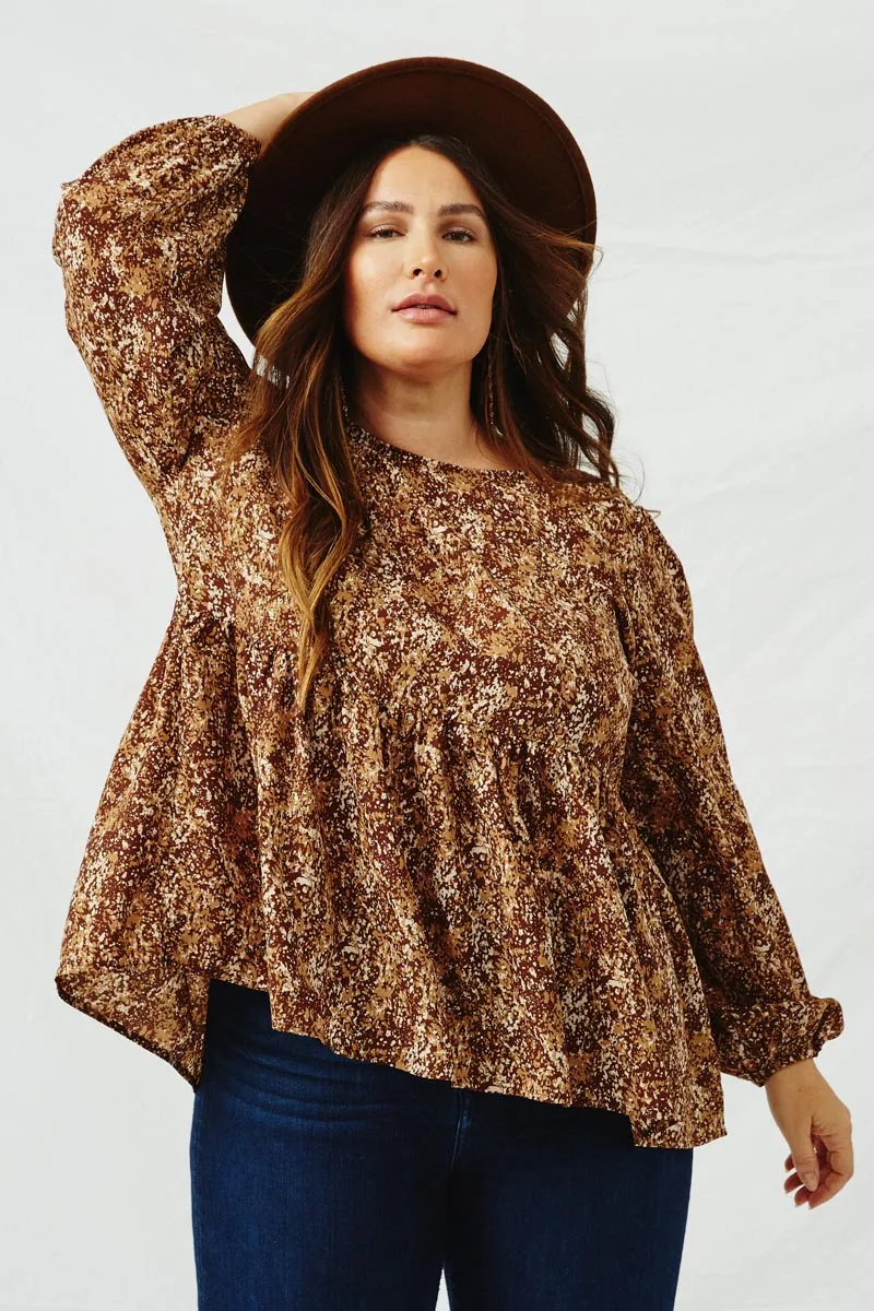 Ditsy Print Long Sleeve Babydoll Top Four Way Stretch