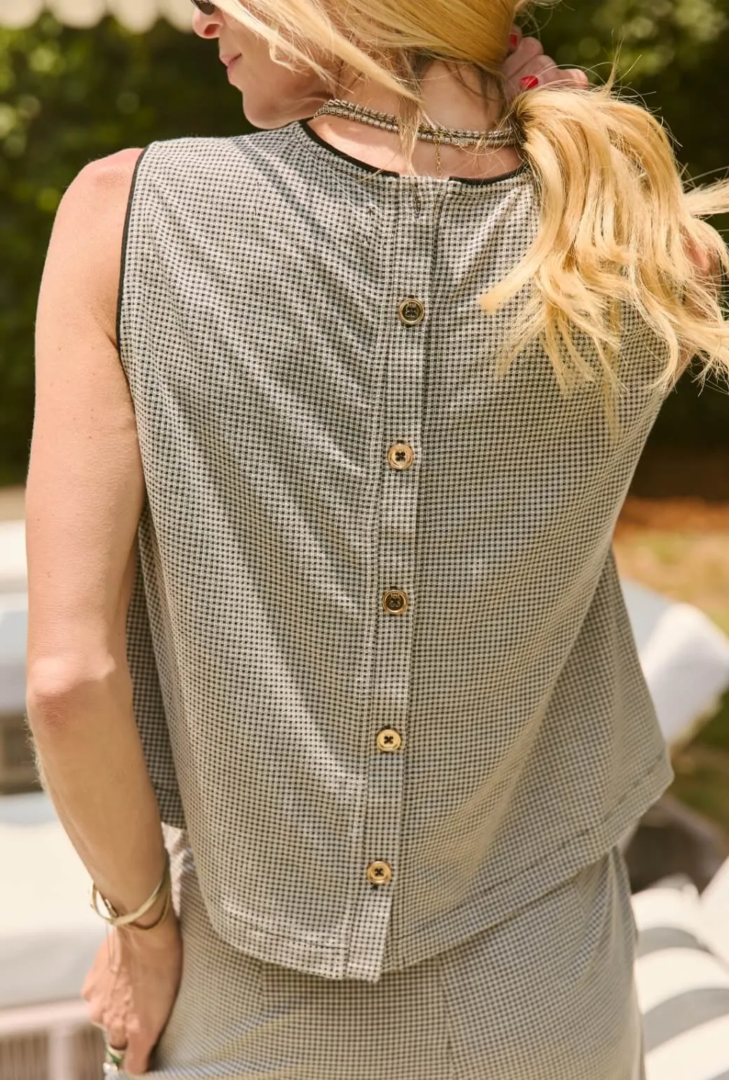 WrinkleResistantWeave Antibacterial Fabric Crew Neck Blouse - Black Gingham Knit