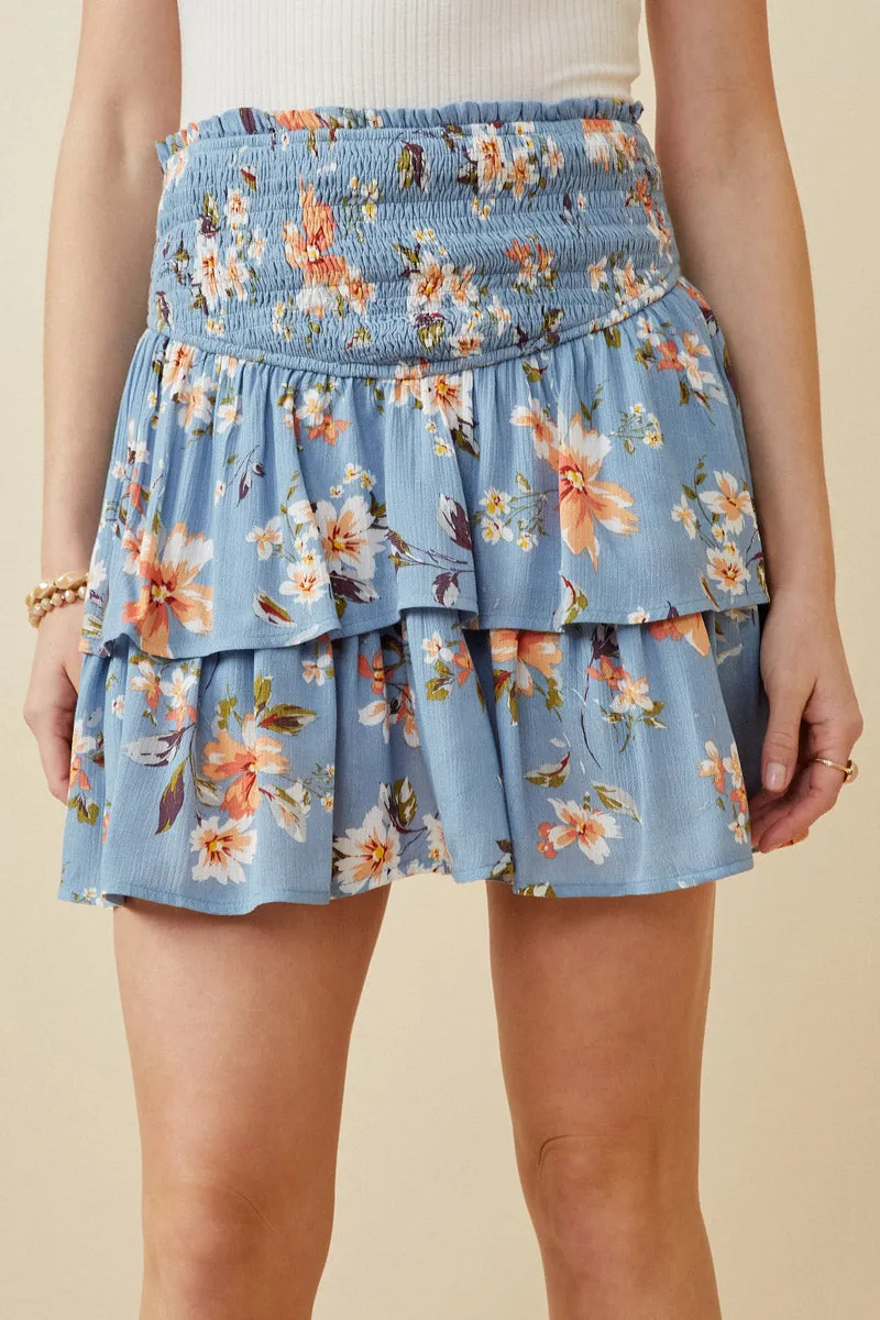 Floral Tiered Skirt With Smocked Panel Waist SecureCargoPockets
