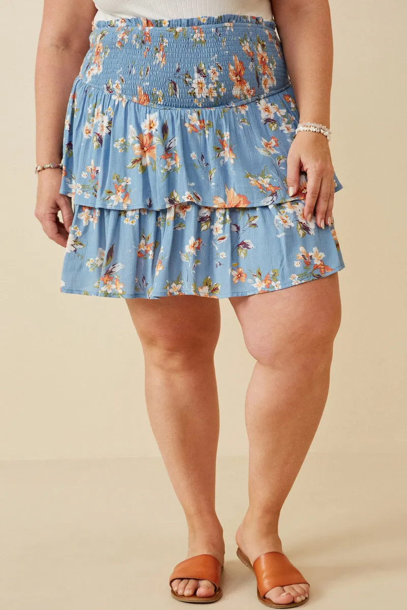 Chic casual Anti Pilling Fabric Floral Tiered Skirt With Smocked Panel Waist