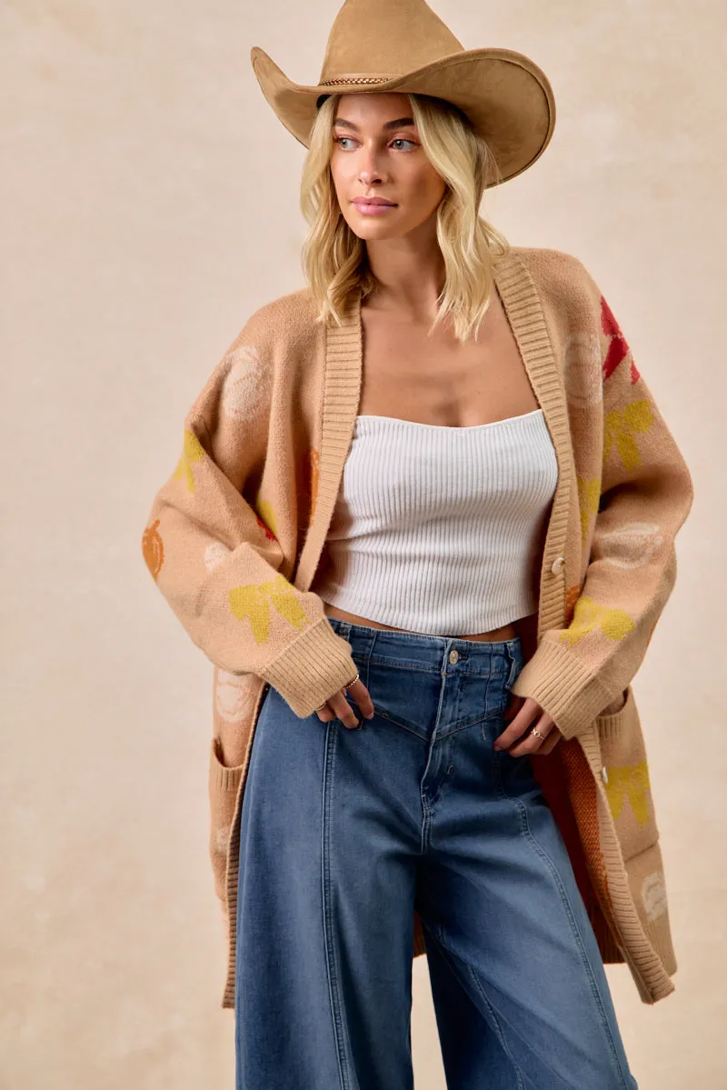 Flexible Material Comfortable Leg IP6173G-09 | THANKSGIVING THEME PATTERN LONG SWEATER CARDIGAN