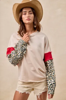 IT4603S-01 | FRENCH TERRY WITH LEOPARD SLEEVES TOP All Season WrinkleResistantMaterial