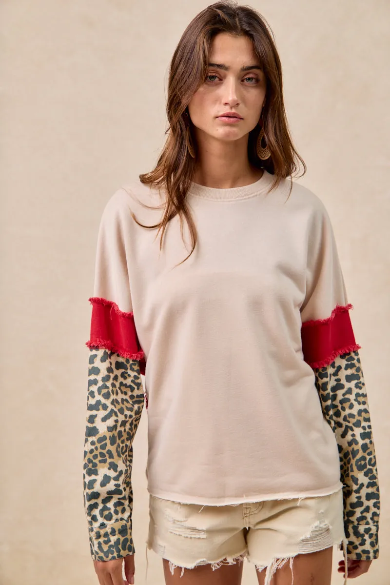 IT4603S-01 | FRENCH TERRY WITH LEOPARD SLEEVES TOP Noise Reduciting Fabric