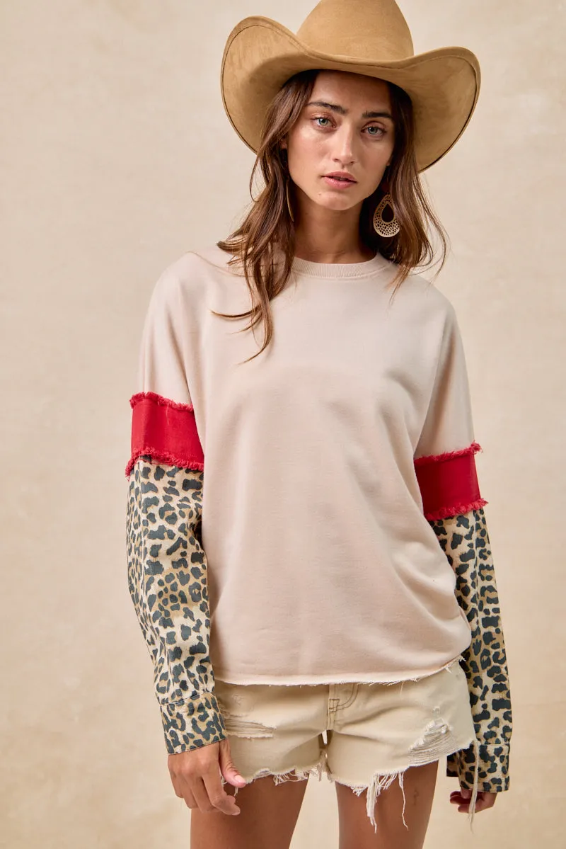 Durable Weave IT4603S-01 | FRENCH TERRY WITH LEOPARD SLEEVES TOP