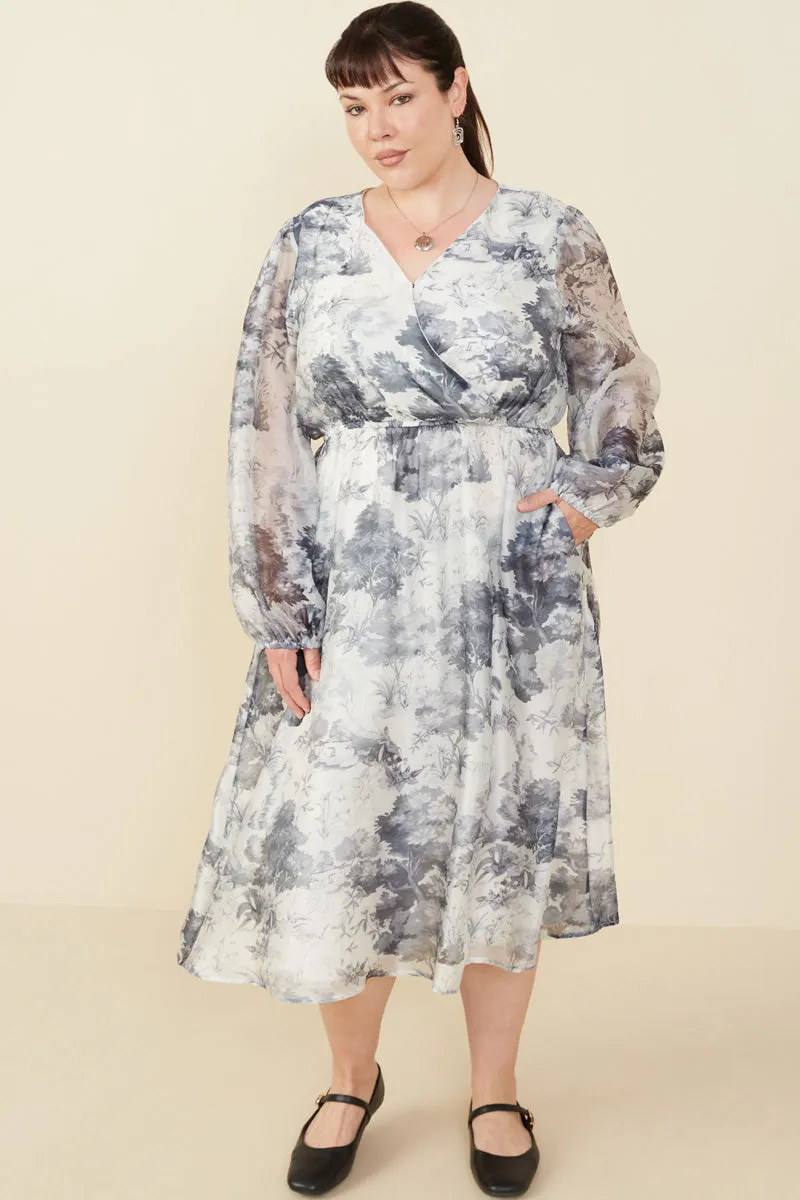 Monochrome Forest Print Satin Dress Elegant Silhouette