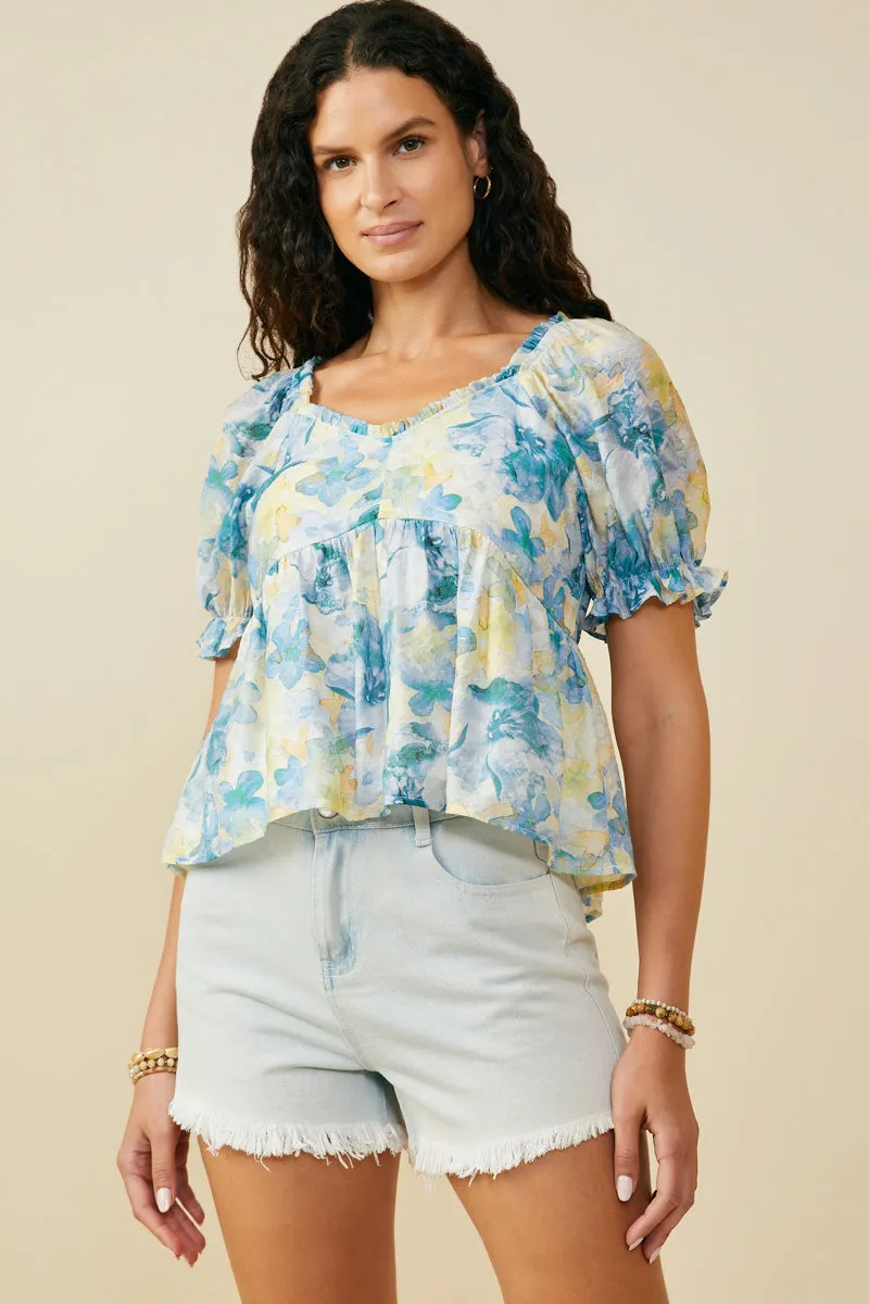 Watercolor Floral V Neck Ruffled Peplum Top Reinforced Hem