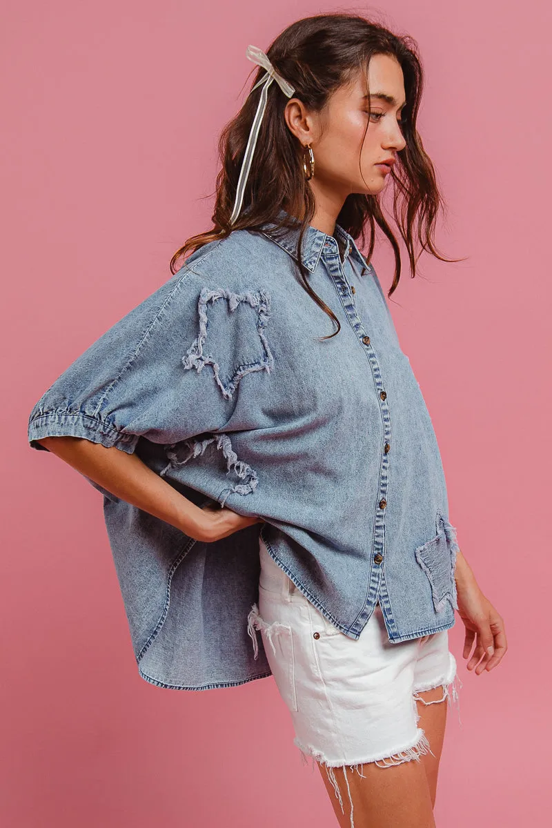 IP8892S-61 | WASHED DENIM FRAYED EDGE DETAIL STAR PATCH BLOUSE Breathable mesh lining CompactPacking