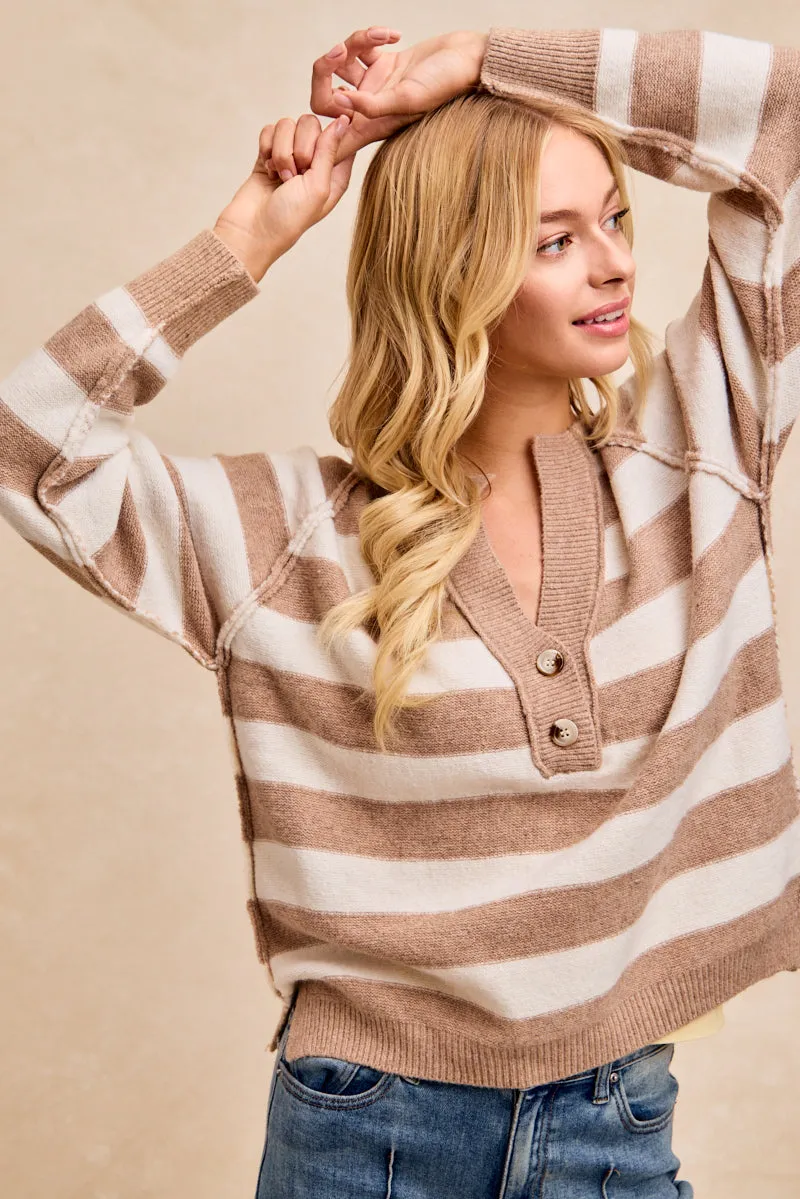 IT4865S-01 | STRIPE SWEATER BUTTONED V NECK TOP WITH OUTSEAM Waterproof Material Stitched Look