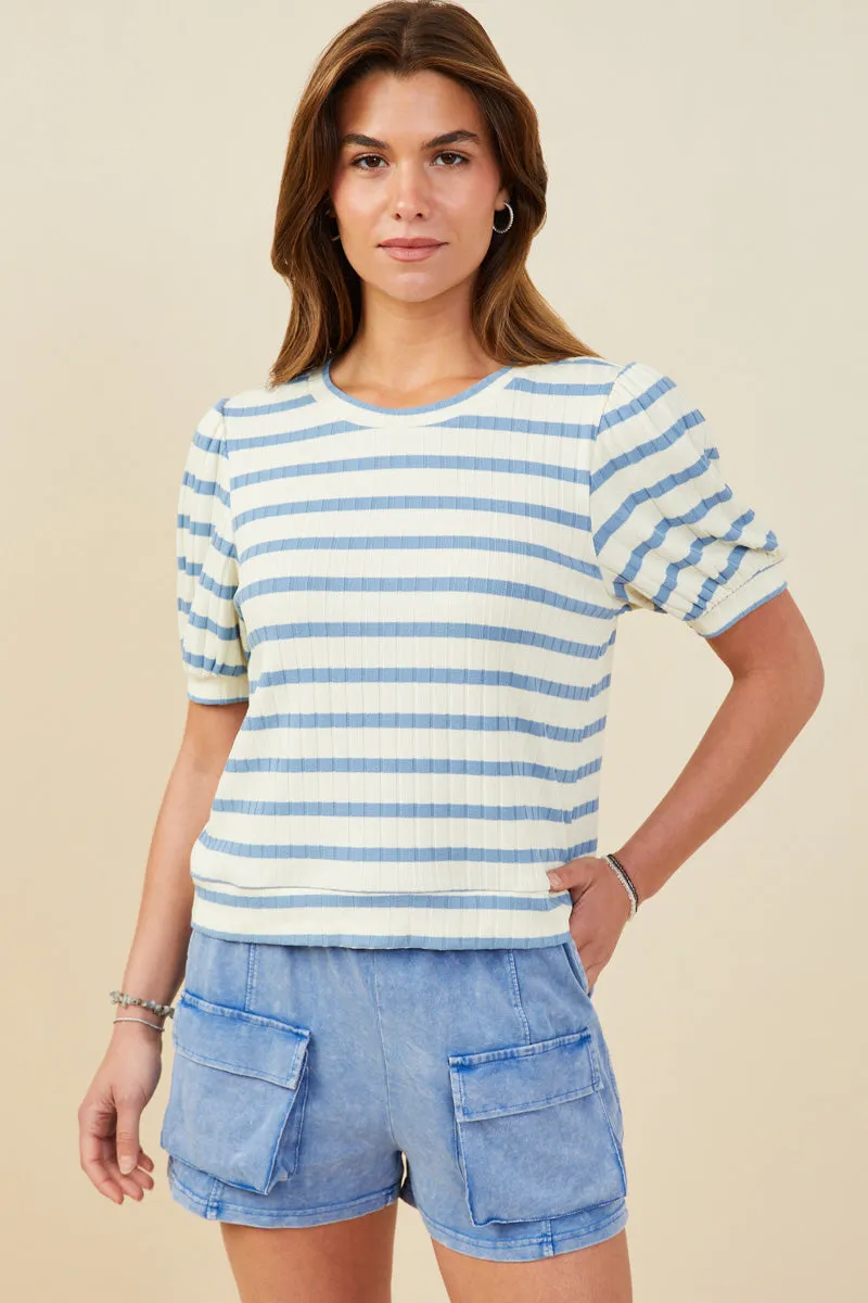 YarnDyedFabric Striped Puff Sleeve Ribbed Knit Top
