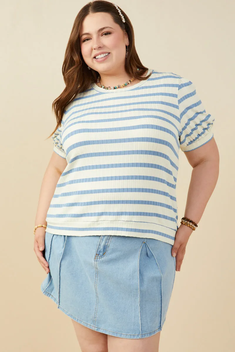 Striped Puff Sleeve Ribbed Knit Top Ultraviolet Protection Fabric