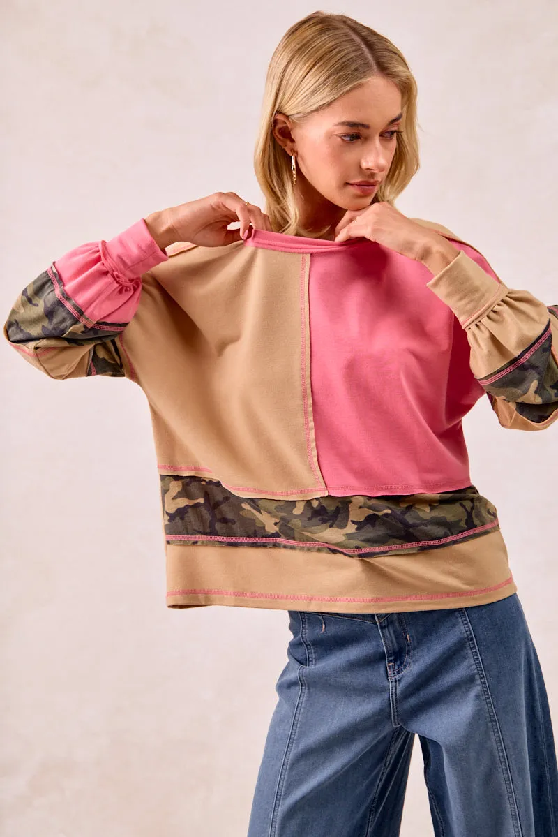 IT4440S-02 | FRENCH TERRY MIXD AND MATCH TOP WITH CAMO PRINT Loose Sweater
