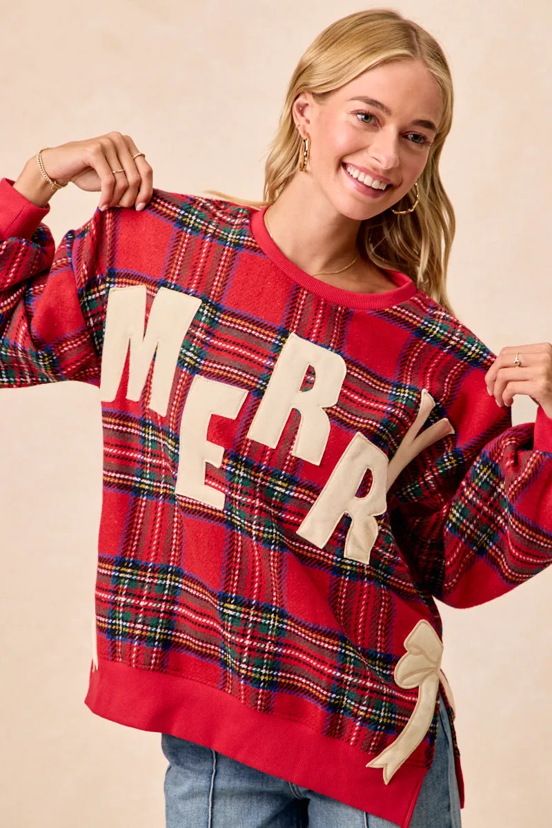 IT3797G-05 | MERRY SIDE BOW PATCHES CHRISTMAS PLAID SWEATSHIRT Durable Design