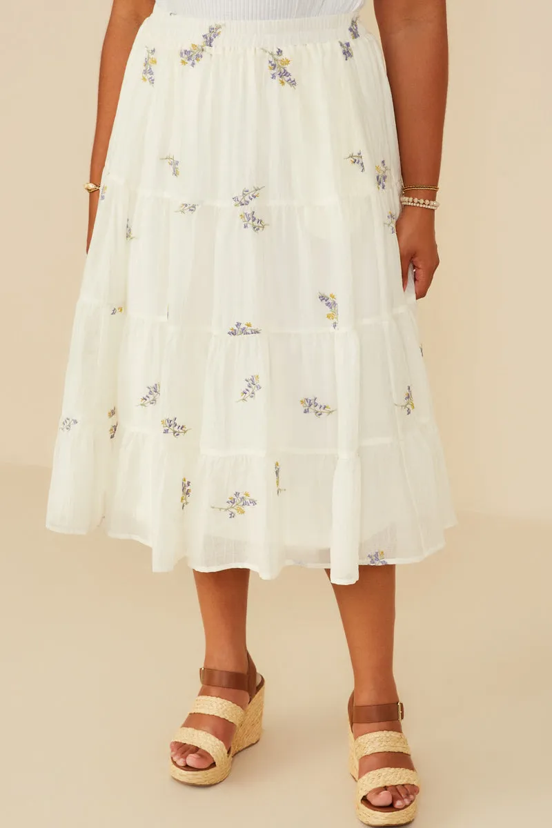 Floral Embroidered Tiered Elastic Waist Skirt Wide-leg cut