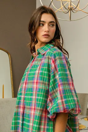 All Season Fit IP9235-02 | VINTAGE PLAID LANTERN SLEEVE V-NECK BLOUSE