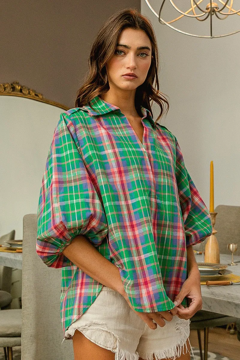 IP9235-02 | VINTAGE PLAID LANTERN SLEEVE V-NECK BLOUSE Odor Resistant Treatment Quick Access Hidden Pockets