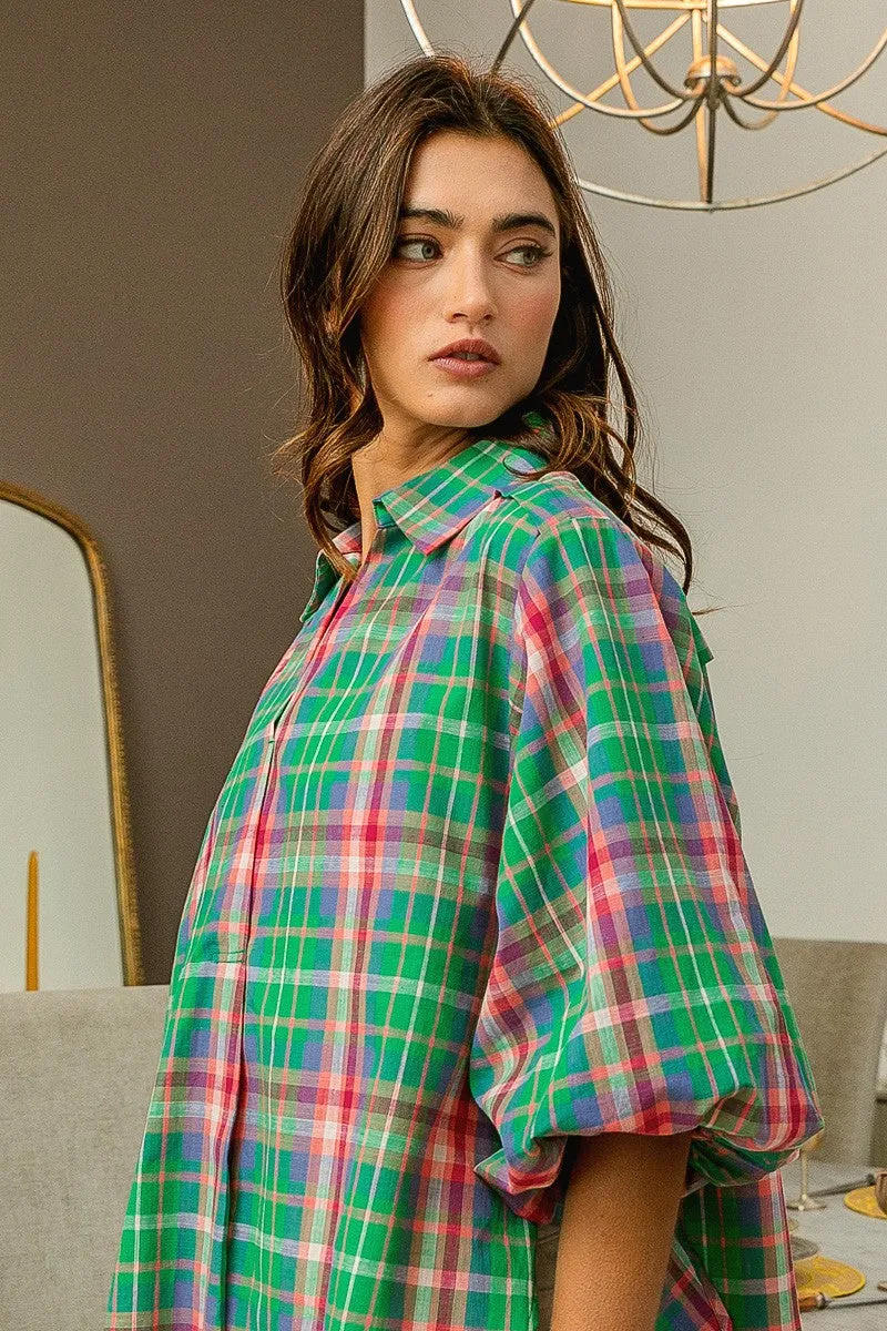 All Season Fit IP9235-02 | VINTAGE PLAID LANTERN SLEEVE V-NECK BLOUSE