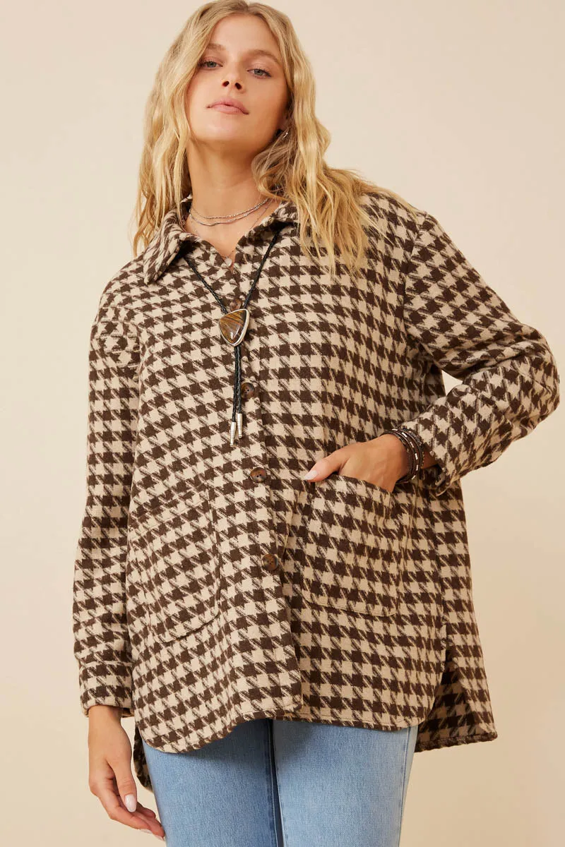 Classic Urban Wear Style Staple Houndstooth Front Pocket Button Detail Coat