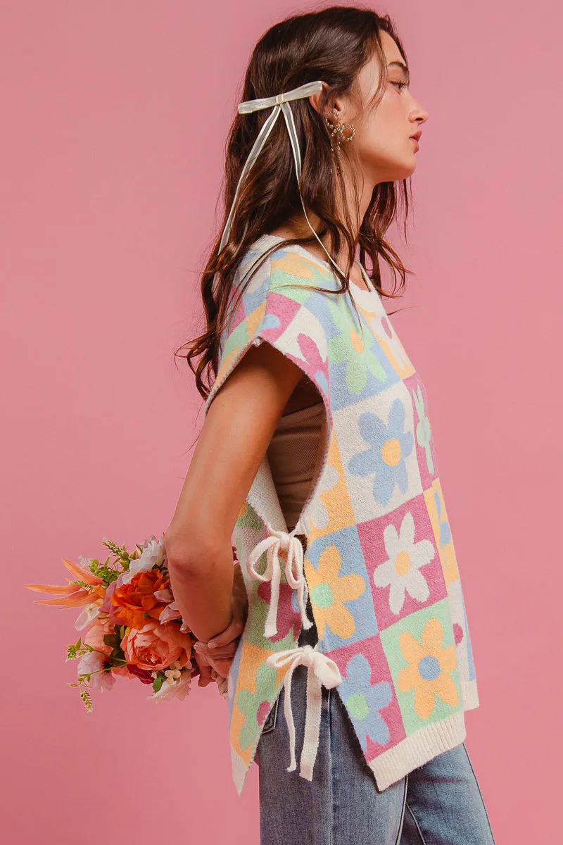 IT3515G-04 | CHECKER FLOWER PATTERN SIDE BOW TIE DETAIL SWEATER VEST Flexible Elbow Patches