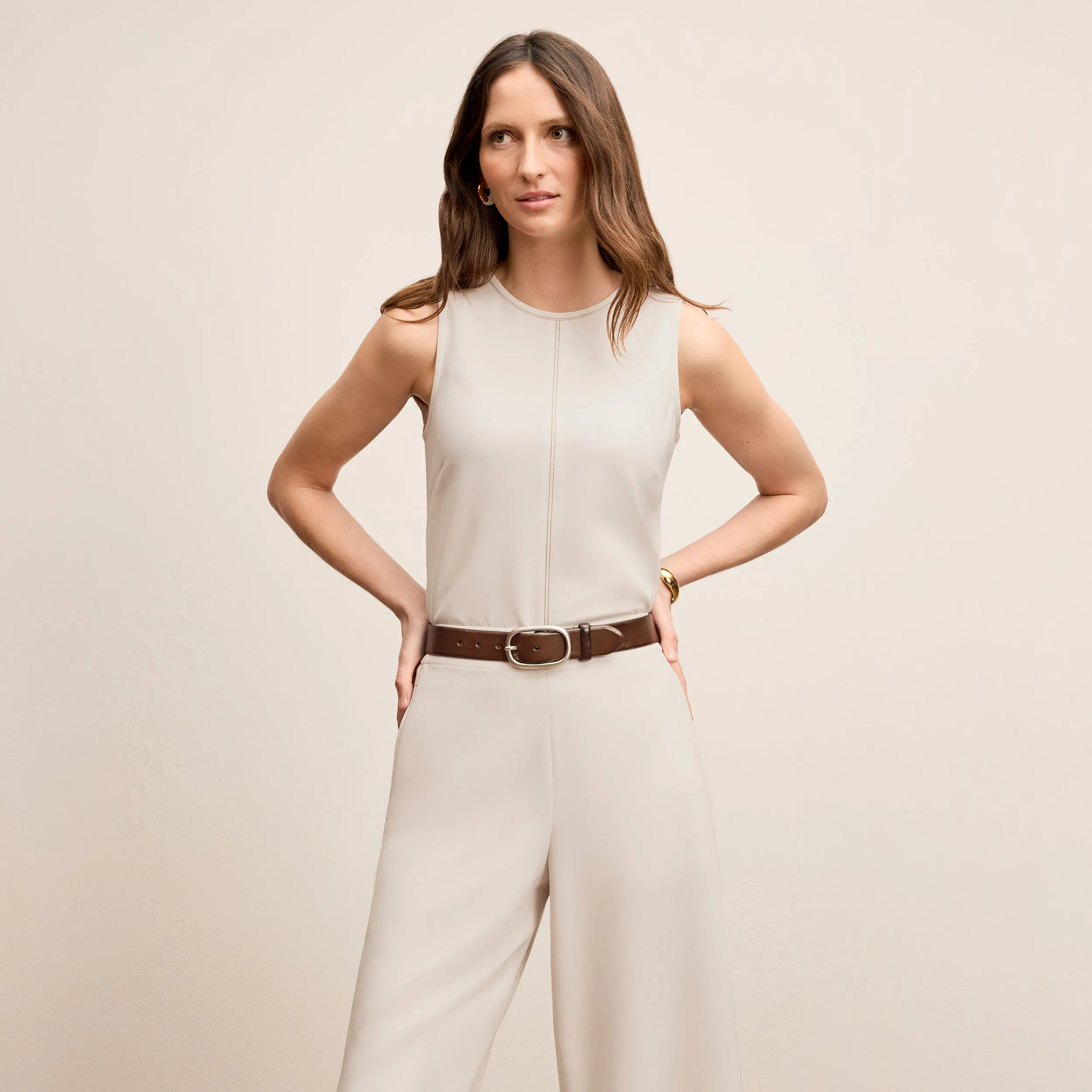 Layered Collar Structure Ainsley Effortless Top - Everyday Crepe with Topstitch :: Eggshell
