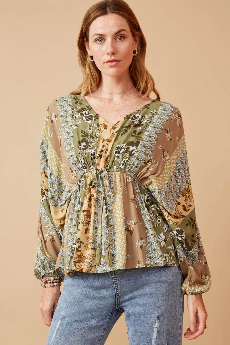 Relaxed Fit Shirt Flatlock Seam Technique Mixed Print Block Dolman Peplum Top