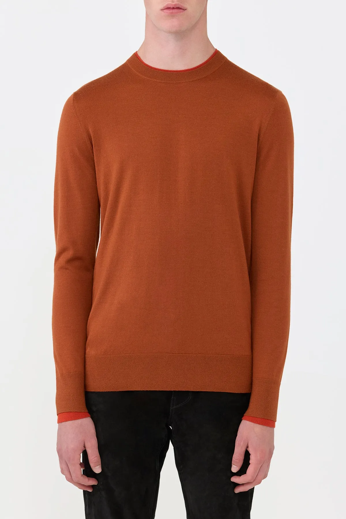 Temperature Control Fabric Wells Knit Sweater in Rust & Antelope Orange Cashmere Silk