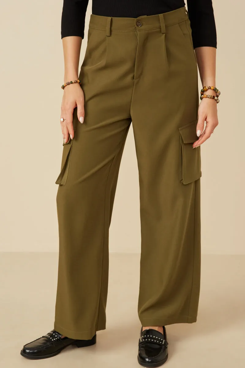 Wide Leg Button Closure Cargo Pants Classy Fit