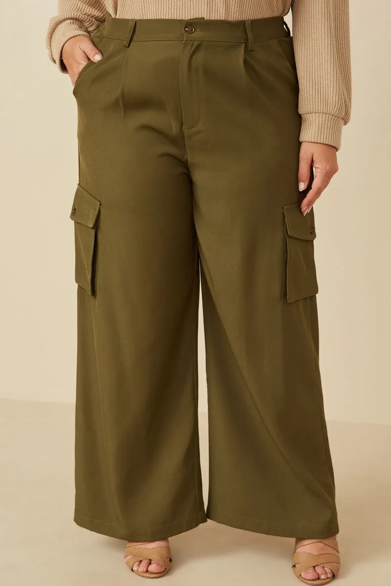 Slim Silhouette Wide Leg Button Closure Cargo Pants