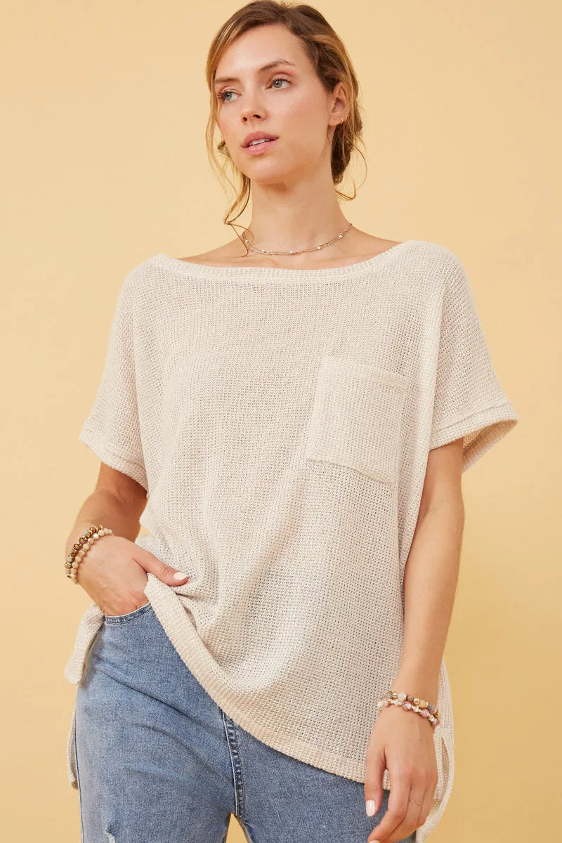 Textured Weave Ventilated Panels Wide Neck Loose Knit Pocket Slouchy Top