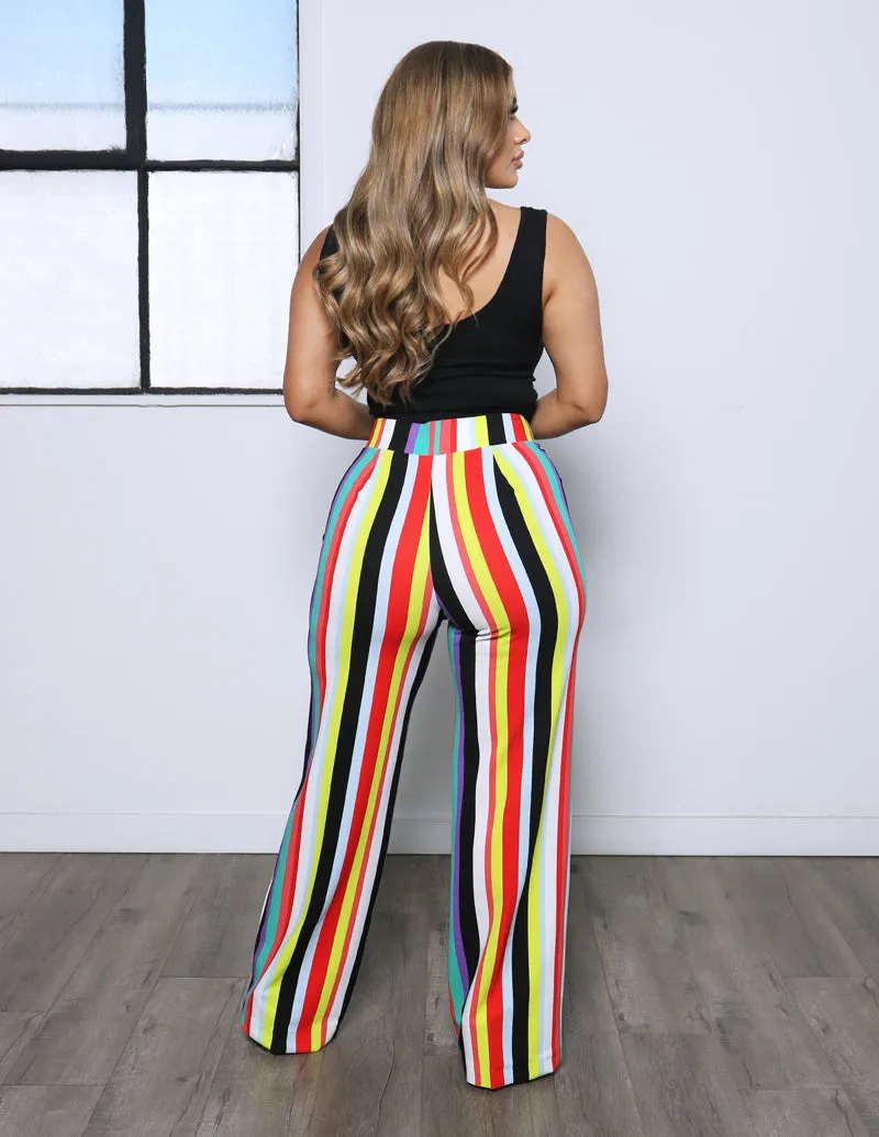 Wild Soul Multi-Color Striped High Rise Wide Leg Pants High Density Weave