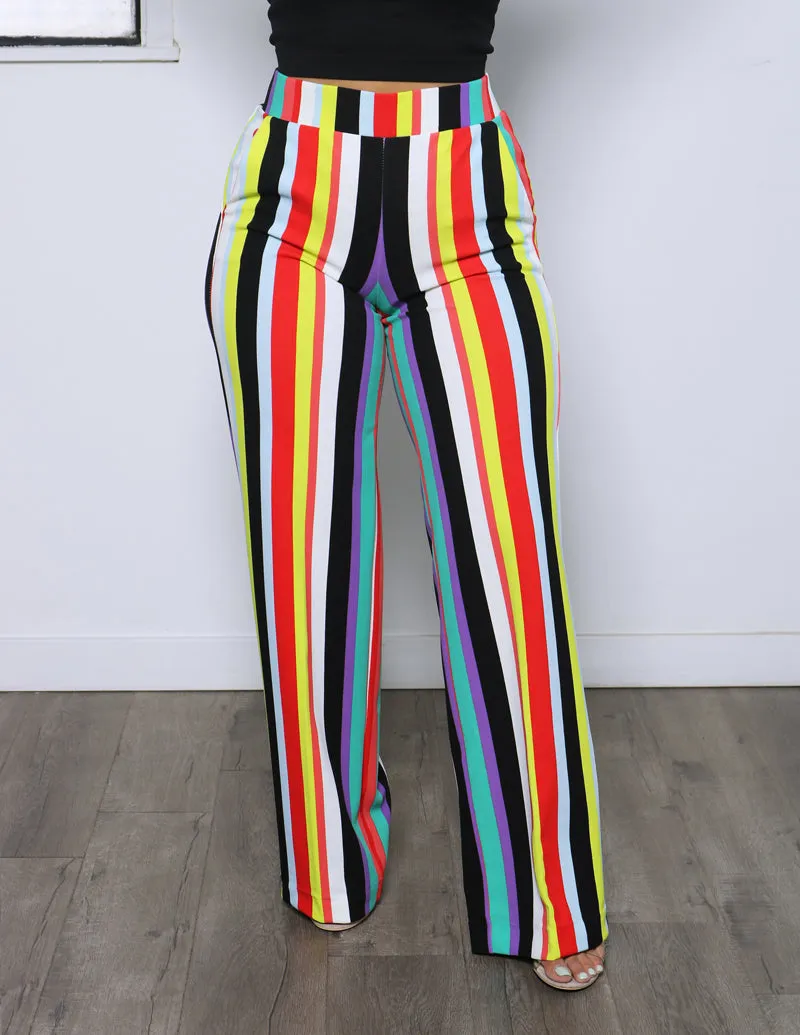 Bold Waistband Multi Pocket Design Wild Soul Multi-Color Striped High Rise Wide Leg Pants