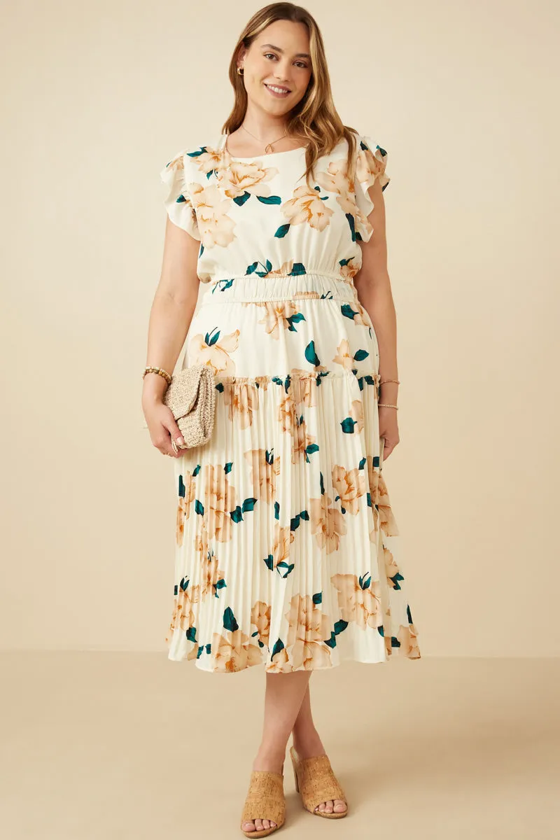 Open-back Large Floral Dropped Pleated Skirt Soft Satin Dress