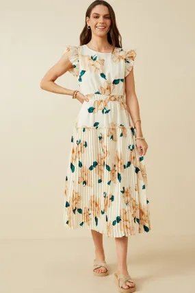 Flow Ready Large Floral Dropped Pleated Skirt Soft Satin Dress