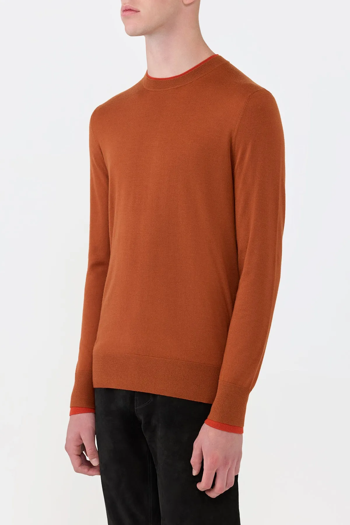 Wells Knit Sweater in Rust & Antelope Orange Cashmere Silk elastic waistband Stay Cozy