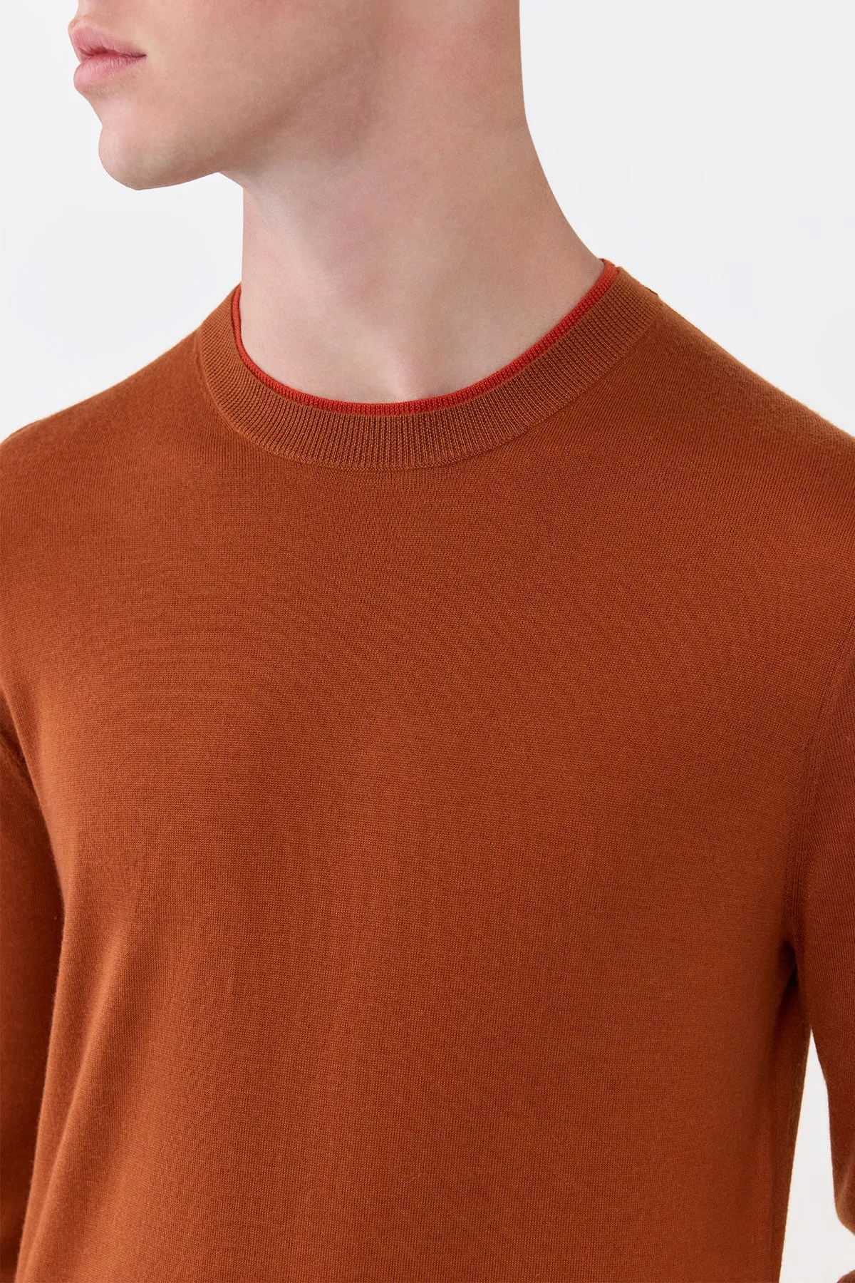 Wells Knit Sweater in Rust & Antelope Orange Cashmere Silk Light Cover Butter Soft Finishing