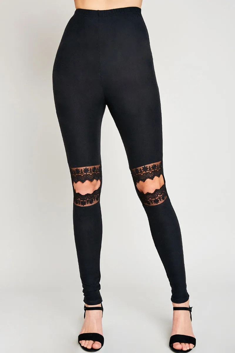 Lace Cutout Brushed Leggings Moisture Lock Technology
