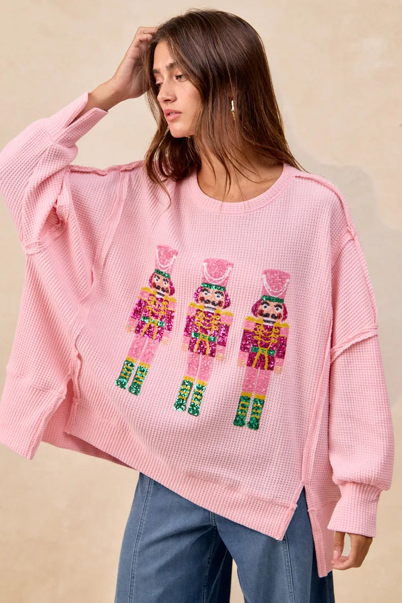 IT3426G-46 | CHRISTMAS SEQUIN NUTCRACKERS EMBROIDERY SWEATSHIRT Modern Utility HighRiseWaistband