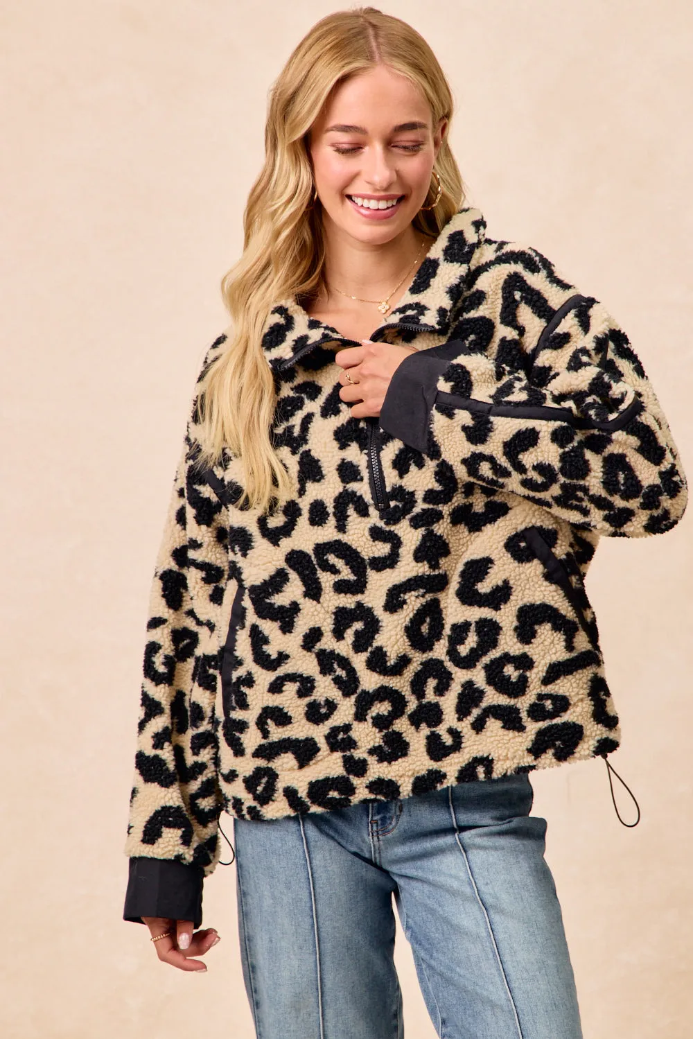 IT1542S-06 | LEOPARD SHERPA FLEECE HALF ZIP UP TOP WITH POCKETS StaticResistantMaterial MultiPocket