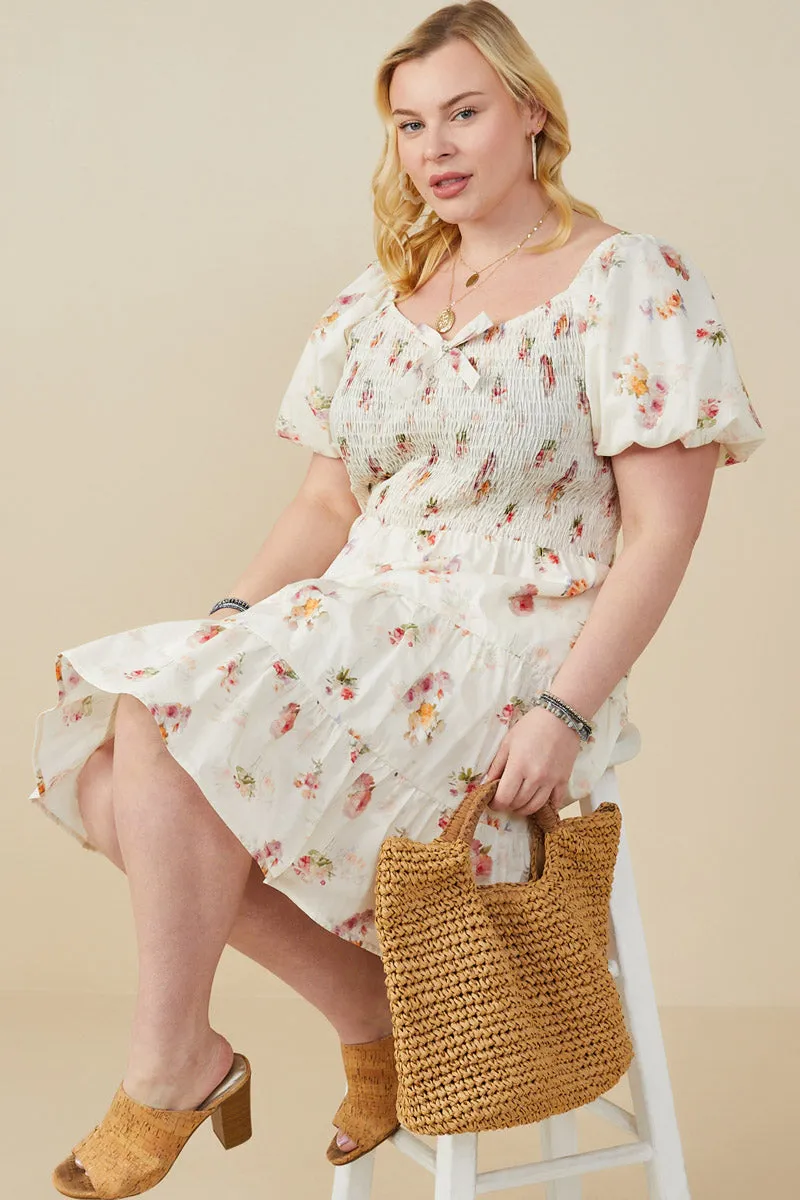 Womens Bow Detailed Smocked Textured Floral Dress Minimal Outfit Straight-Cut