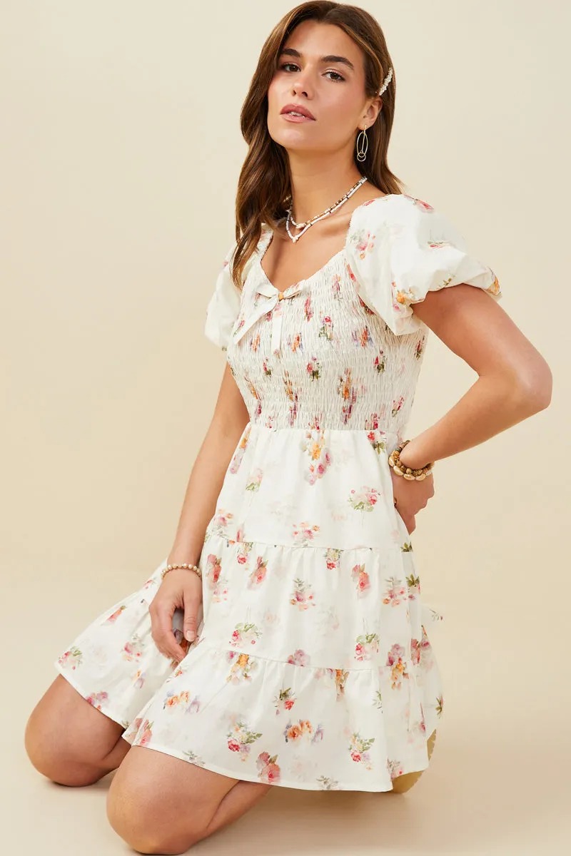 Summer-Season Womens Bow Detailed Smocked Textured Floral Dress