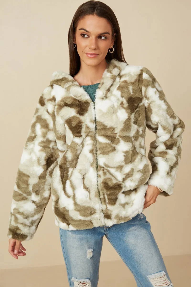 color block Womens Camo Print Plush Hooded Jacket