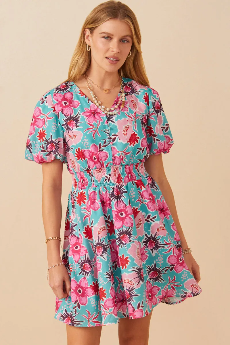 Timeless Edge summer breeze Womens Floral Print Smocked Waist Button Dress