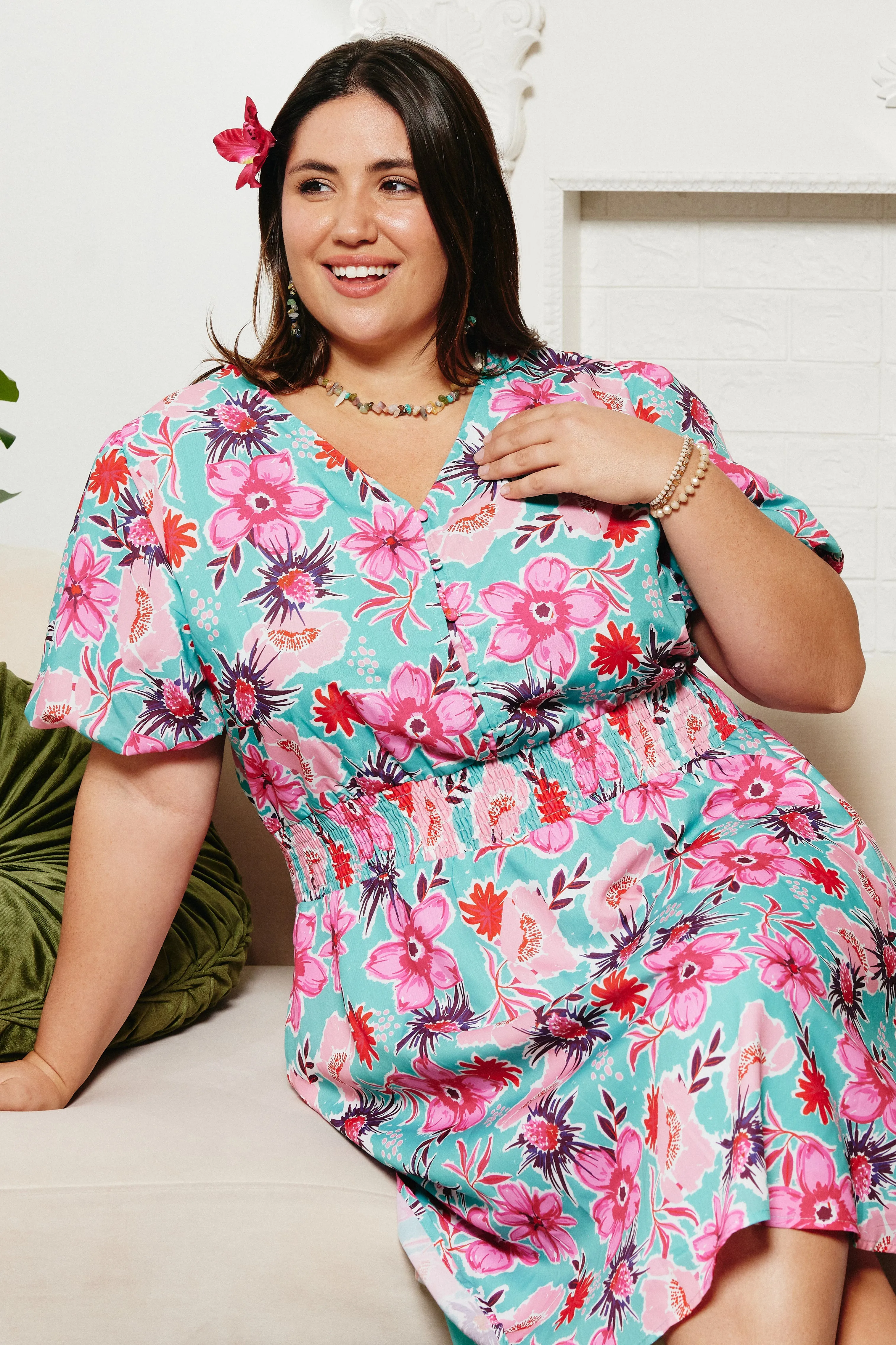 Mood Focused Form Flow Womens Floral Print Smocked Waist Button Dress