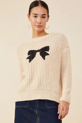 Womens Low Gauge Sweater with Sequin Bow Patch Eco Friendly Recycled Material NoiseReduciting Fabric