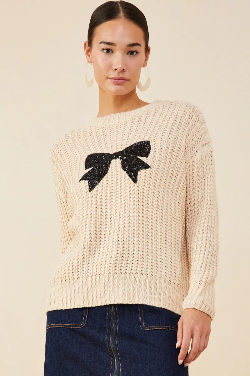 InterchangeableLining Womens Low Gauge Sweater with Sequin Bow Patch