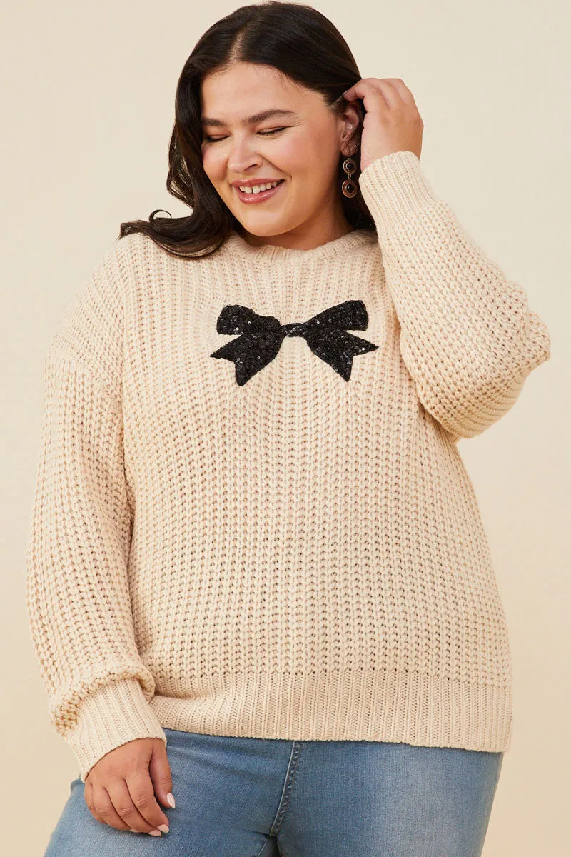 Womens Low Gauge Sweater with Sequin Bow Patch Insulated Padding Weatherproof Technology