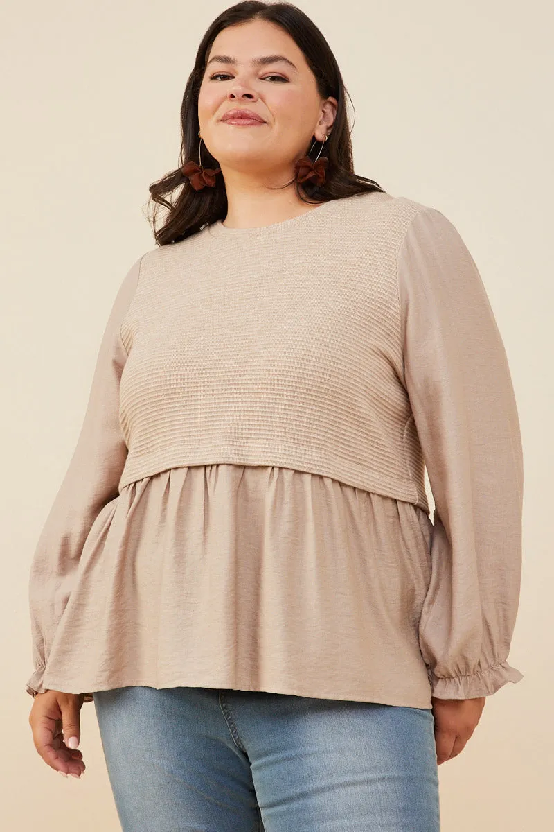 DoubleLayeredCollar Womens Mix Media Ribbed Knit Twofer Top